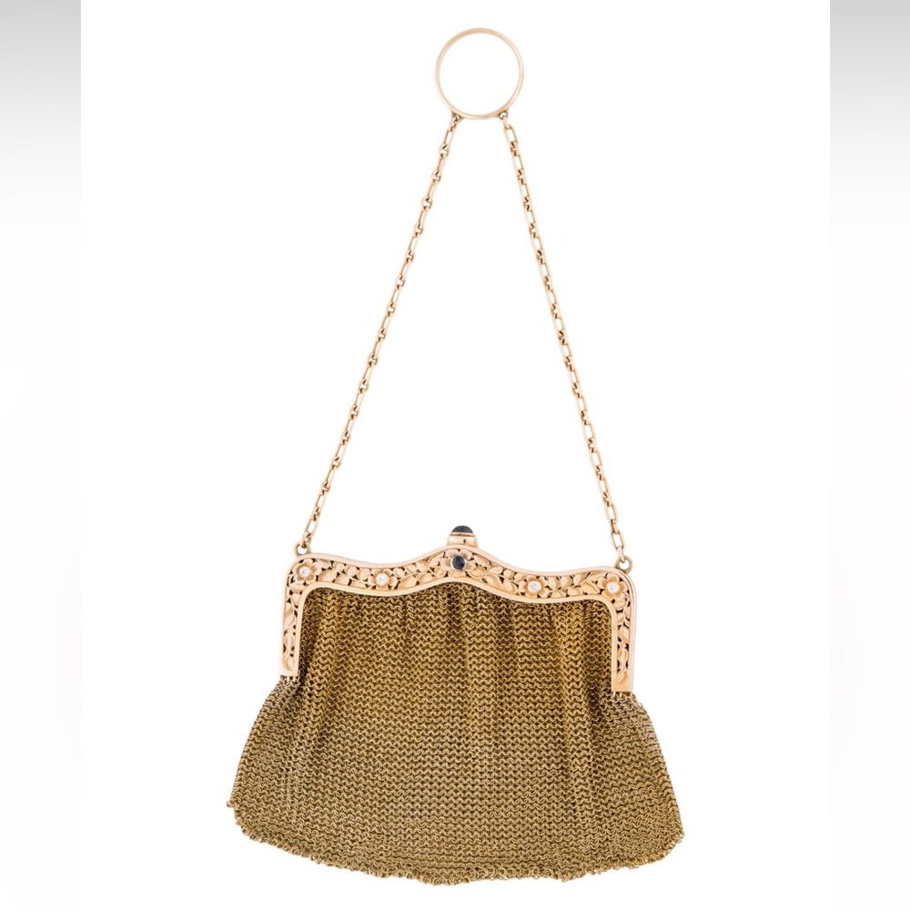 14K solid yellow gold diamond vintage Jeweled Victorian Mesh Chatelaine Purse